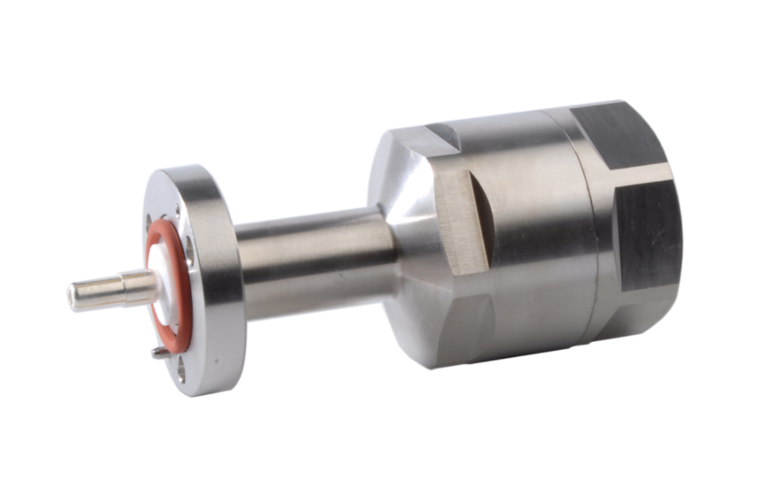 Metalen cilinder met rode sluitring en korte as.