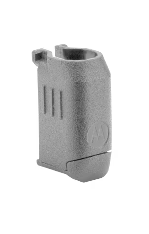 Boîtier en plastique gris texturé, debout avec logo et rainures sur le côté.