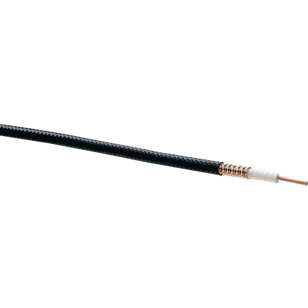 7000-00084200_com_01.jpg Coaxkabel met zwarte mantel en zichtbare koperen kern.