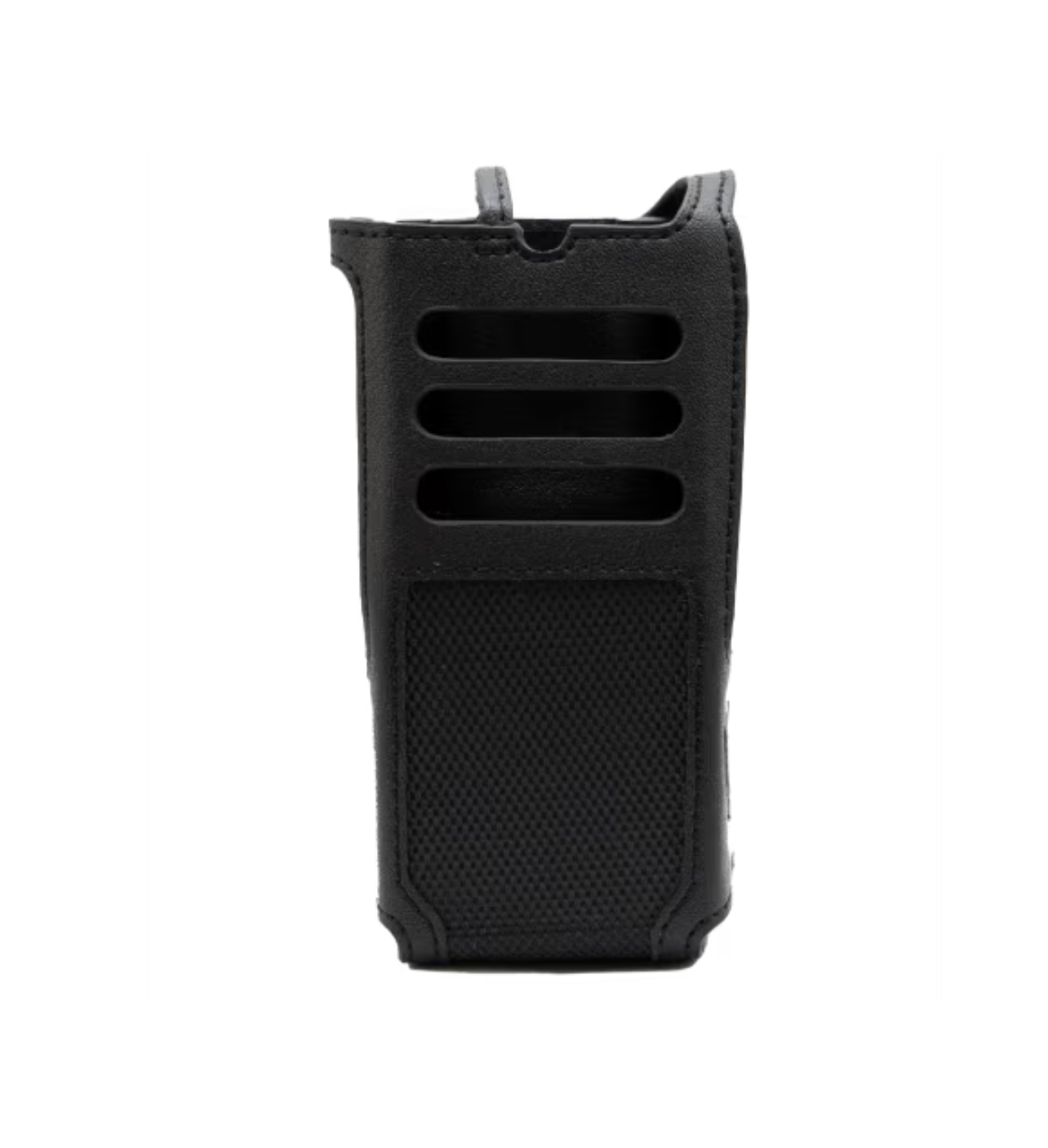 Étui de protection noir avec fentes latérales ouvertes.