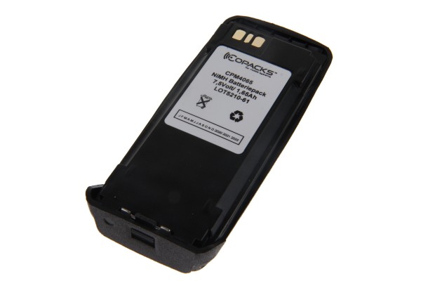 Black battery pack with technical details and manufacturer logo.