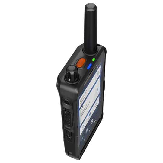 Black radio device with display and antenna, side view.