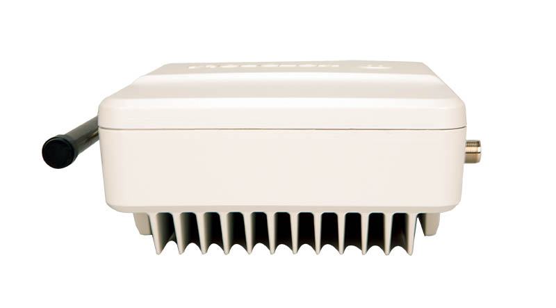 White internet router with antenna and cooling fins.
