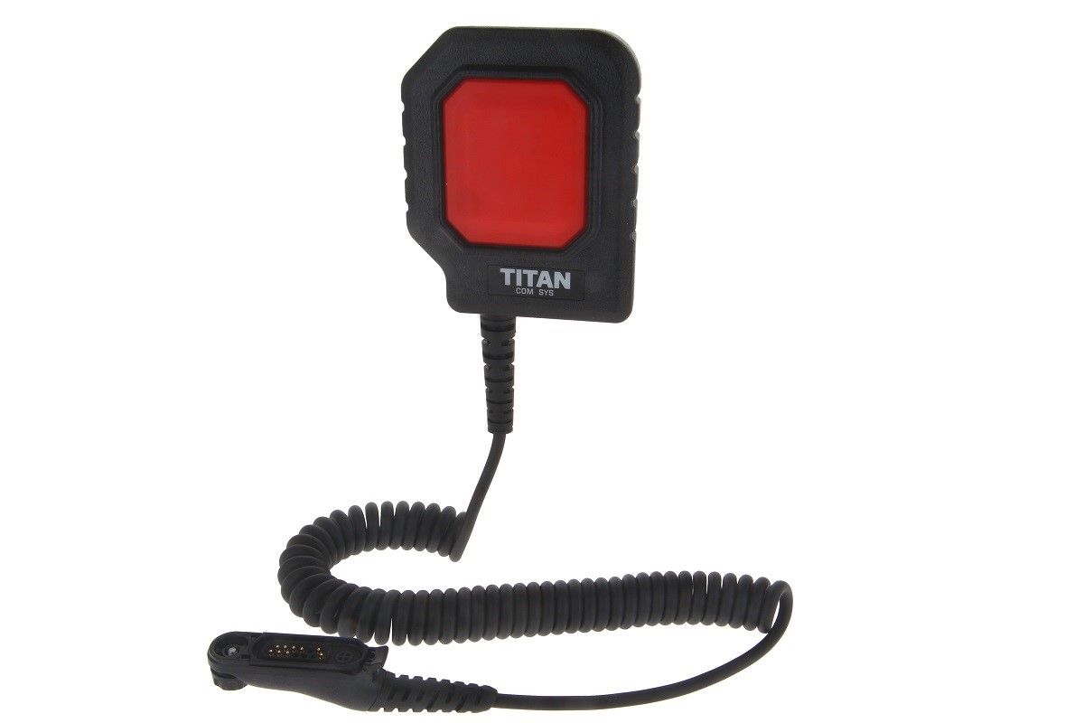 Communication device with red button and coiled cable