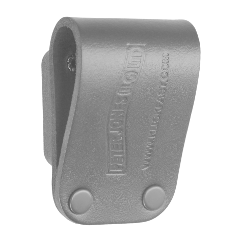 Gray leather belt clip with two snap buttons and brand embossing.