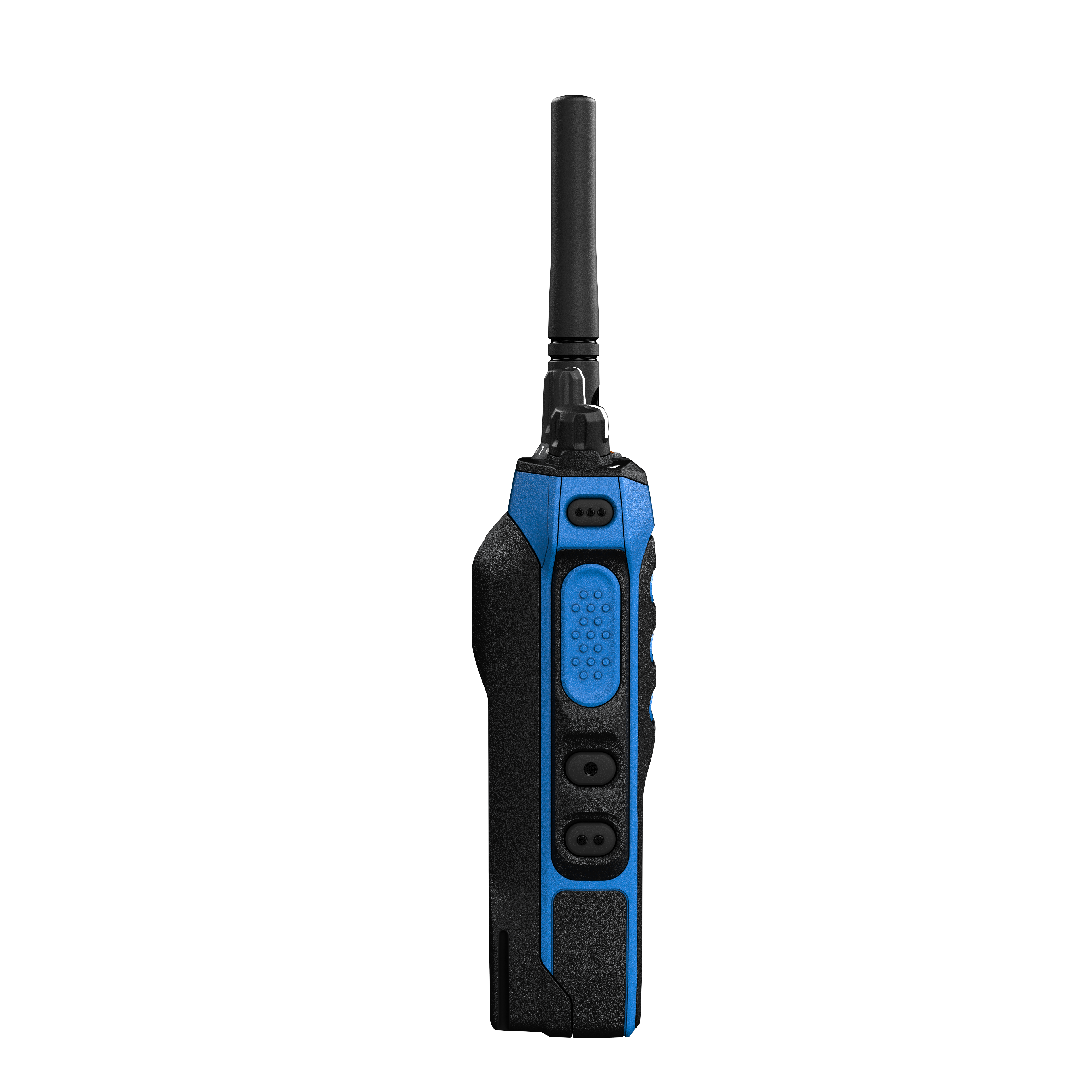 Blauw-zwart portofoon met antenne en meerdere knoppen.