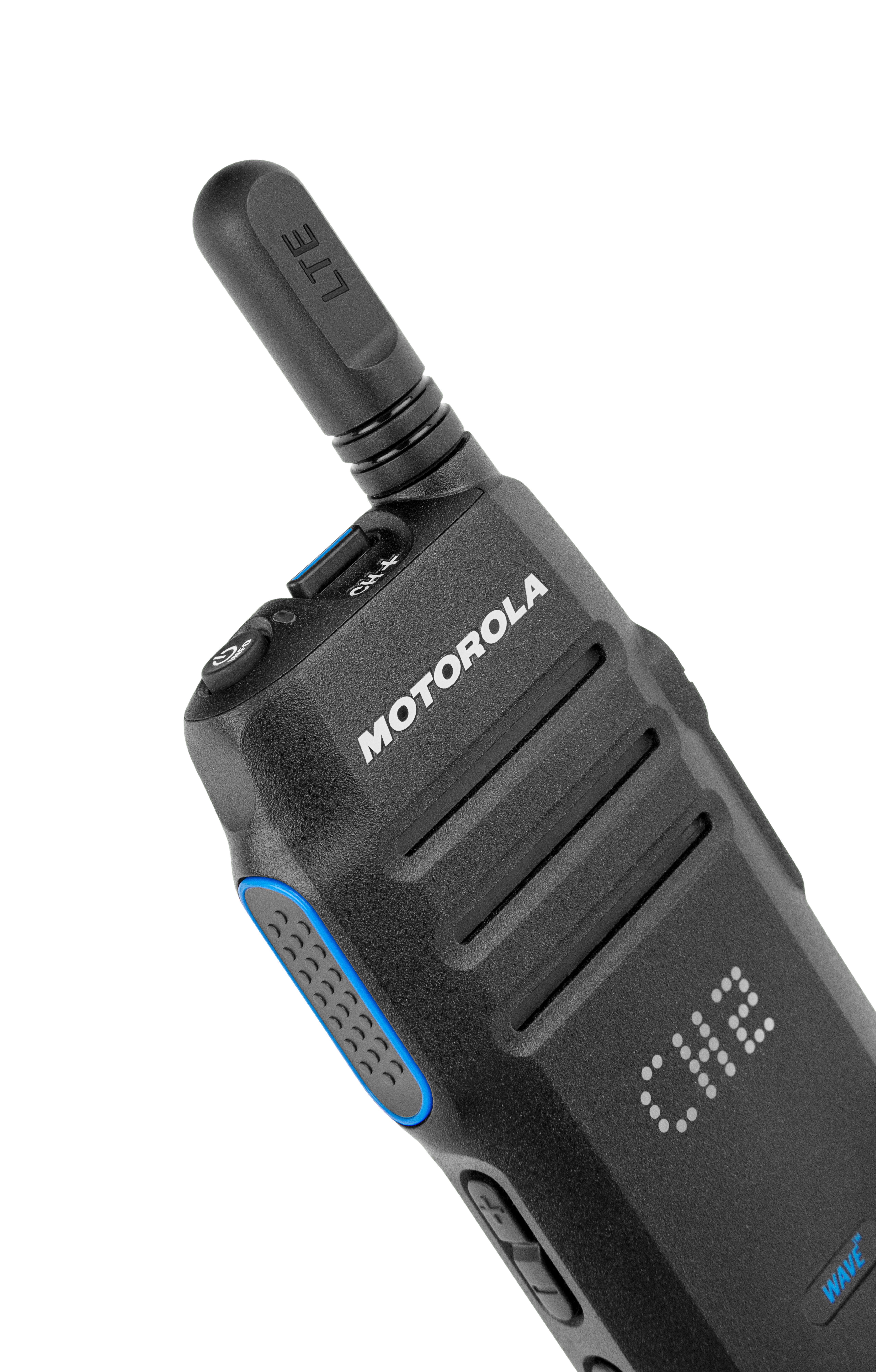 Zwarte handradio met antenne en Motorola-logo.