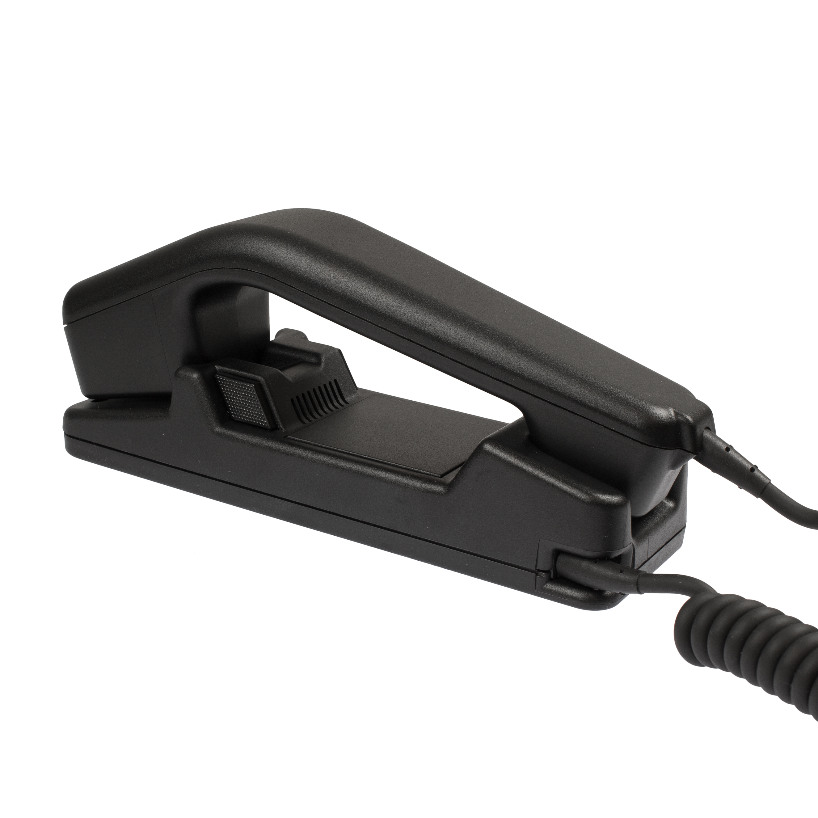 Zwarte telefoonhoorn met snoer op dockingstation.