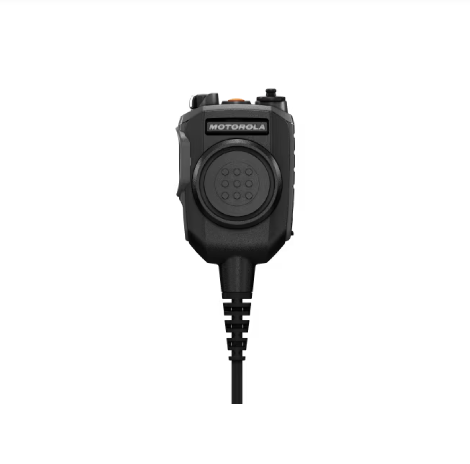 Black handheld microphone with cable by Motorola.