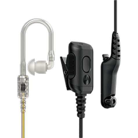 Earpiece and microphone with cable for communication.