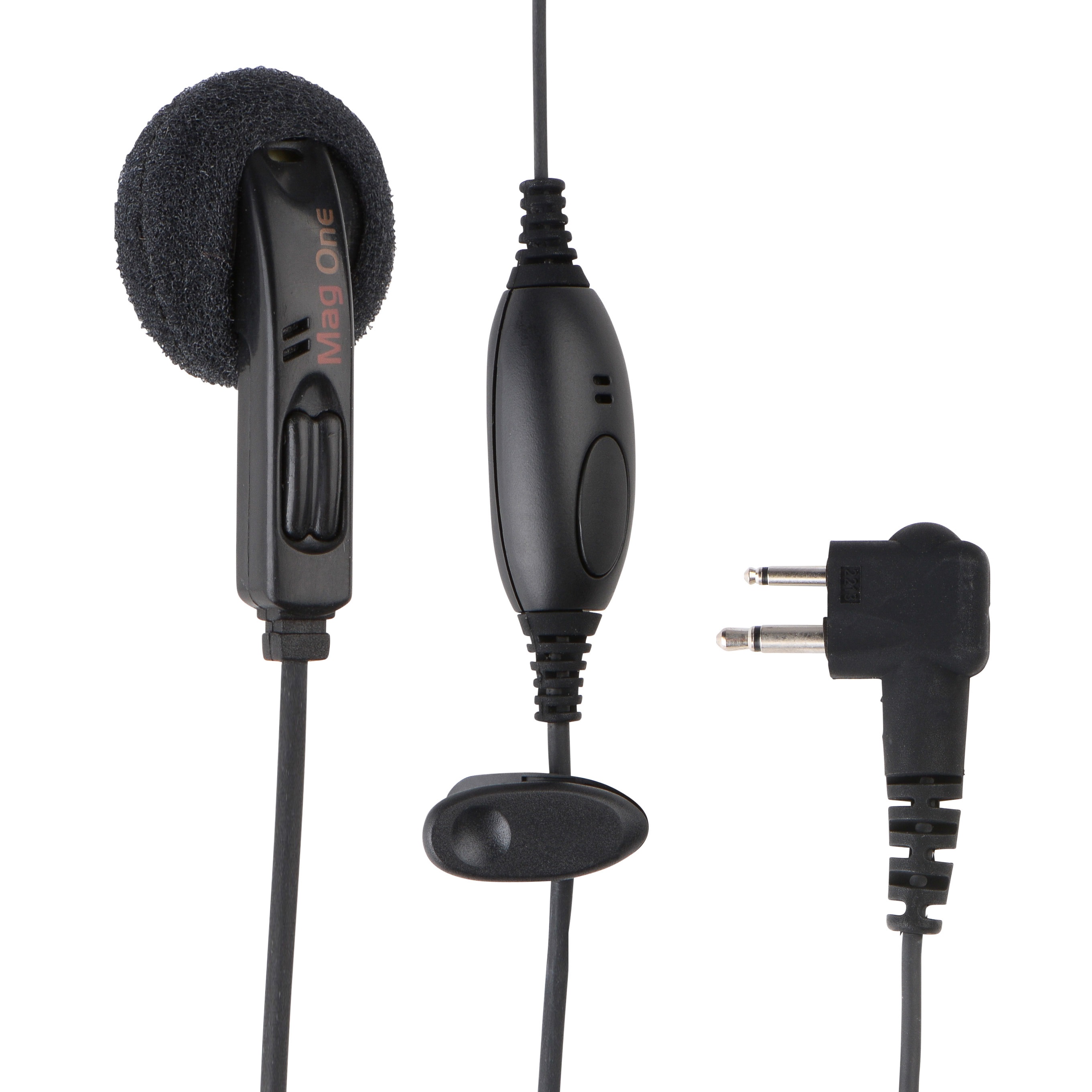 Black earbud with microphone and 3.5mm plug.