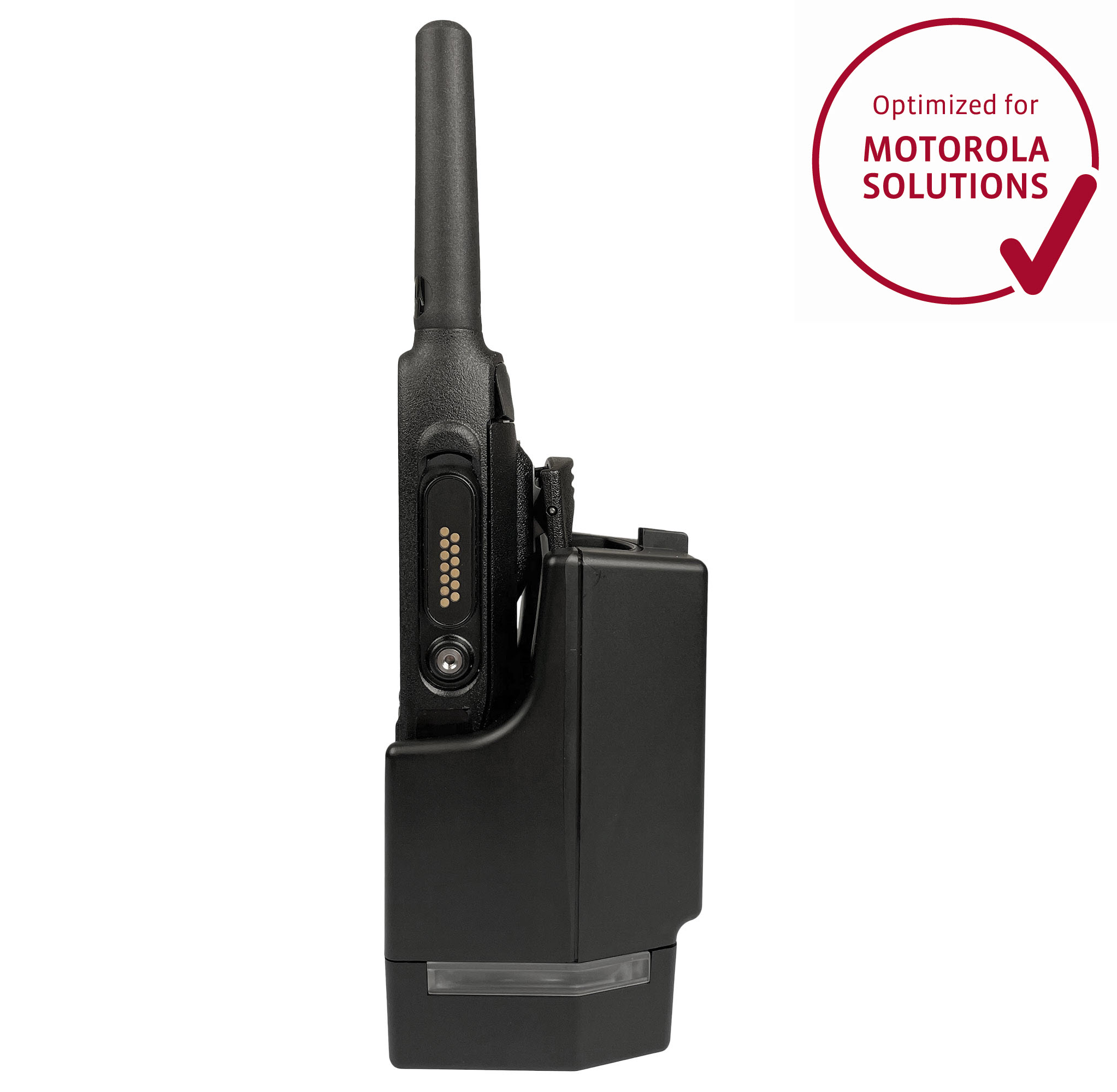 Zijaanzicht van een radiotoestel met Motorola-optimalisatielogo.