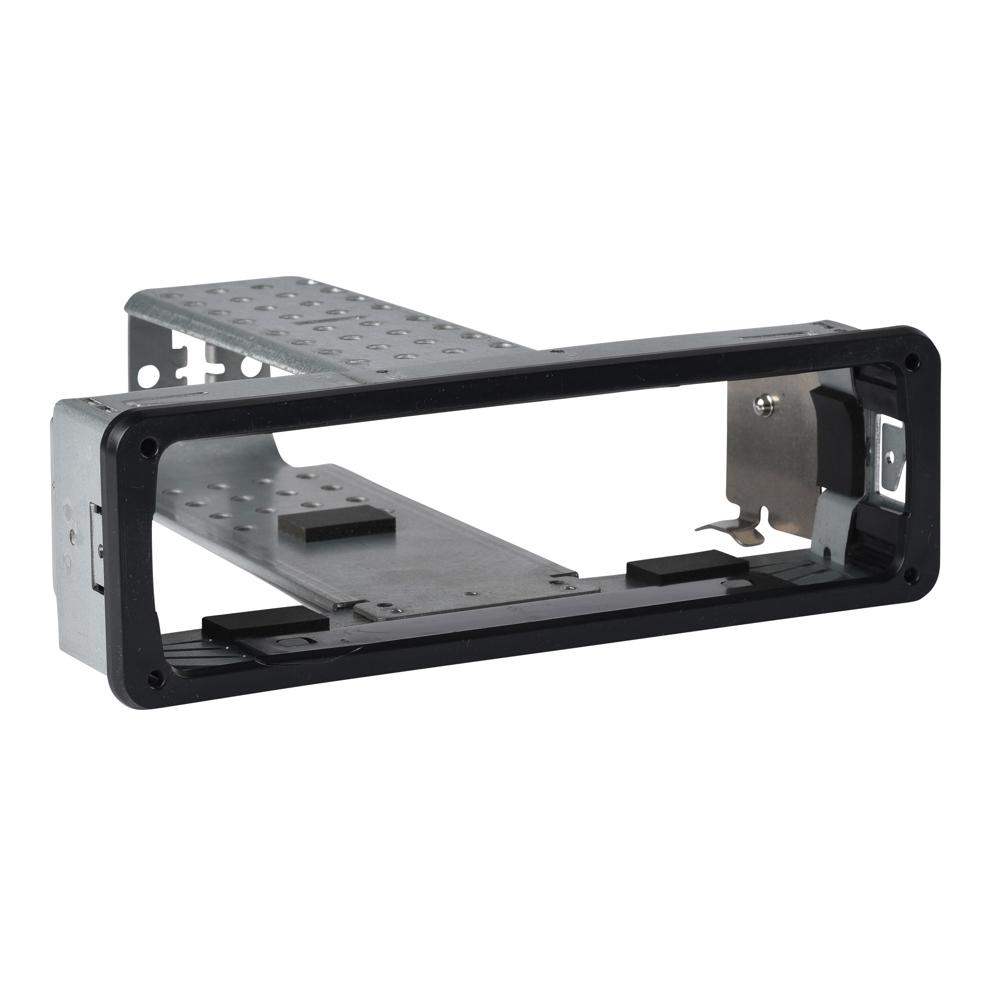 Metalen frame met zwarte kunststof rand, rechthoekige vorm.