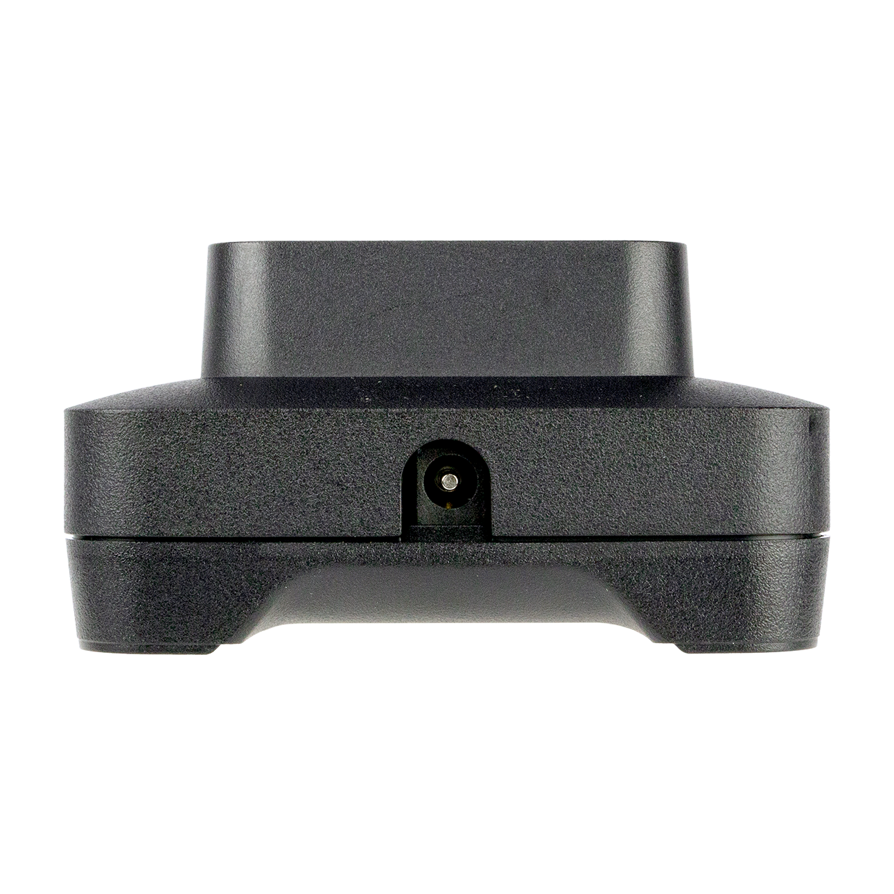 Black electronic charging base with power socket in the center.