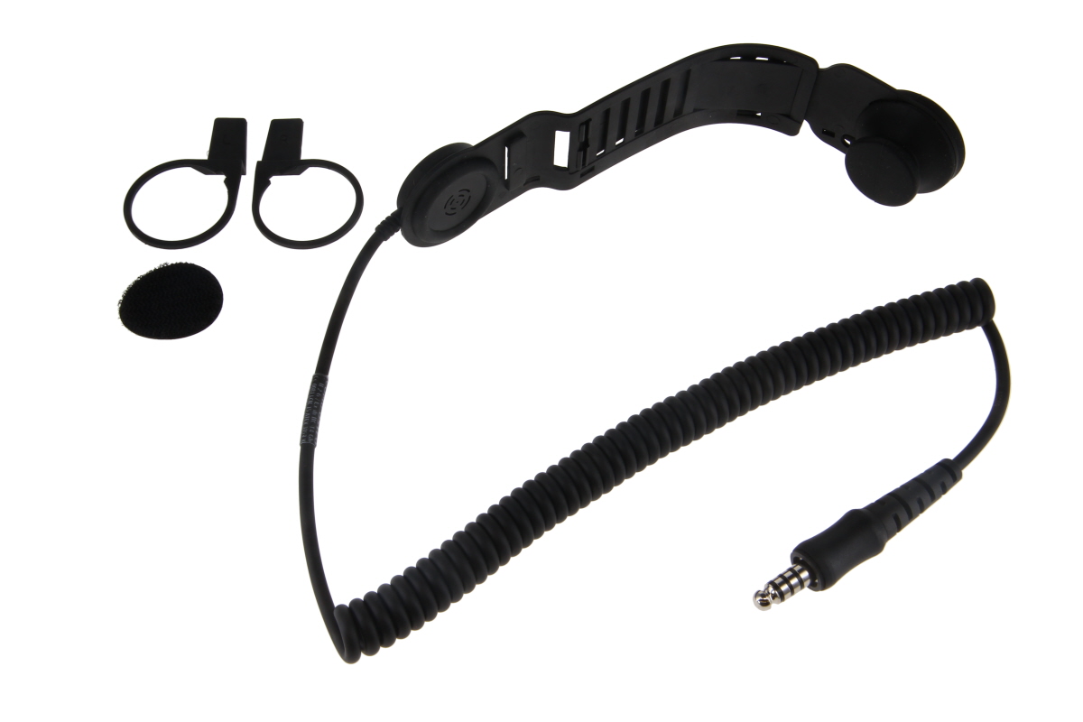 Zwart nekband-headset met spiraalkabel en audio-aansluiting.