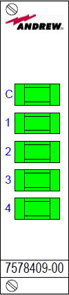 Vier groene rechthoekige modules met labels C, 1, 2, 3 en 4. Serienummer 7578409-00.