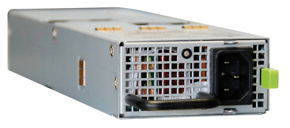 Silver computer power supply with fan grille and power connector.