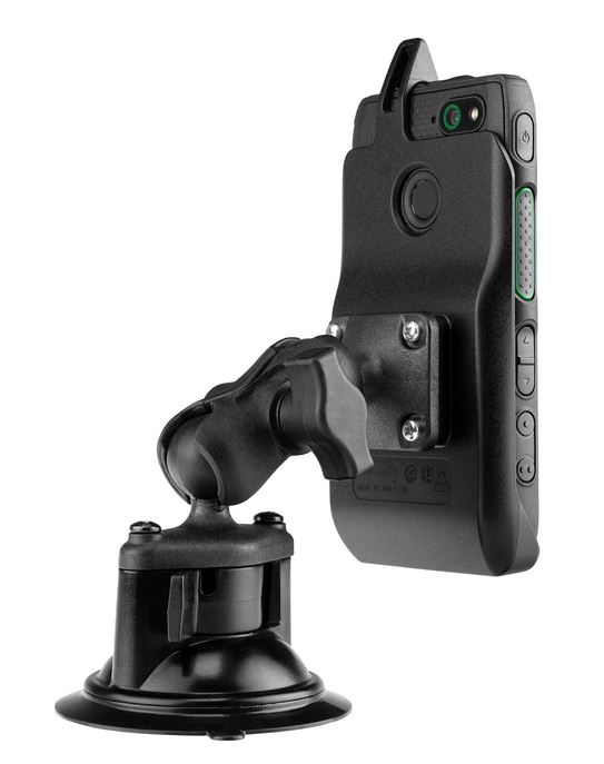 Black car mount with mounted device, side buttons visible.