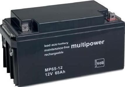Black 12V lead-acid battery with 65Ah capacity, maintenance-free.