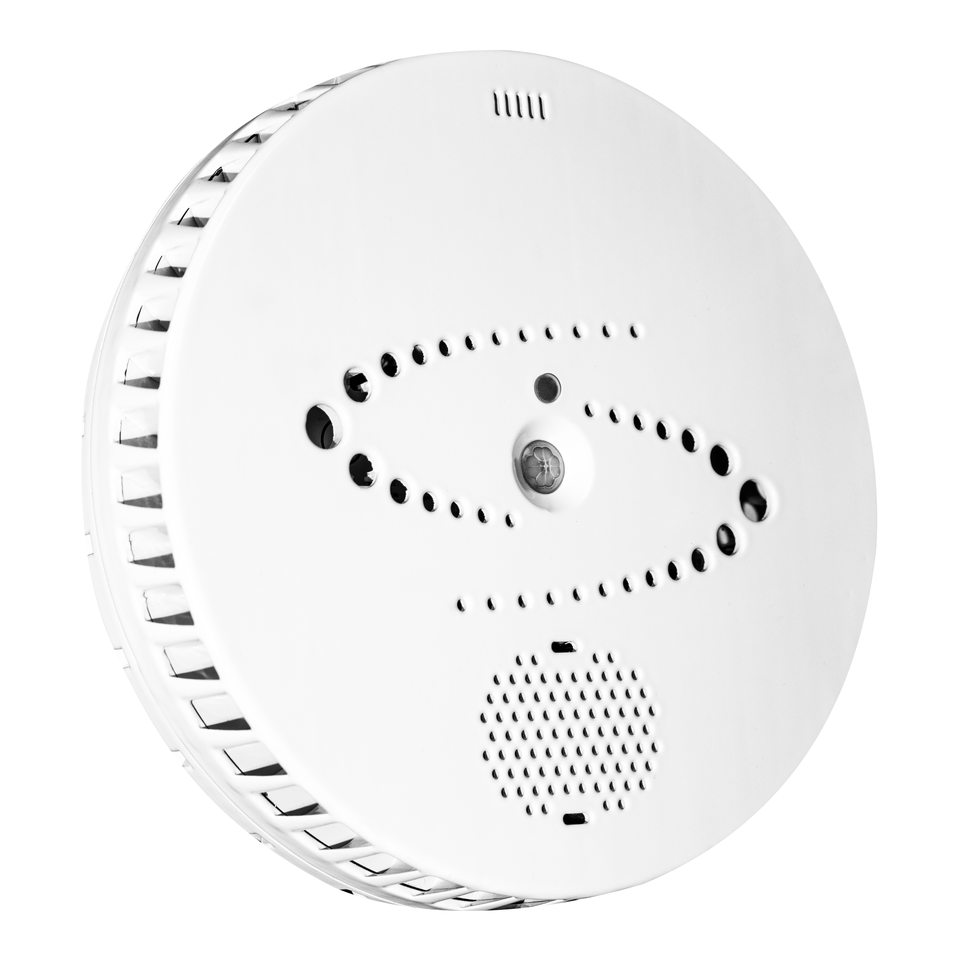 Ronde witte rookmelder met ventilatieopeningen en sensor.