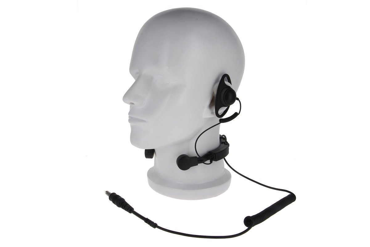 Plastic head with headset and microphone, cable with plug.