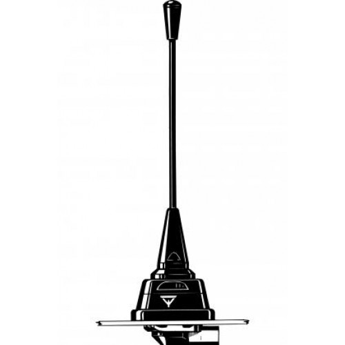Antenne de voiture noire avec longue tige et base conique.