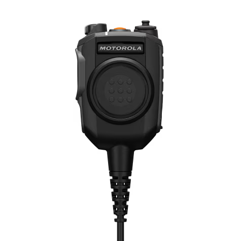 Zwart radiomicrofoon met kabel en knoppen.