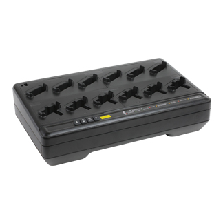 Black charger with 12 slots for radios.