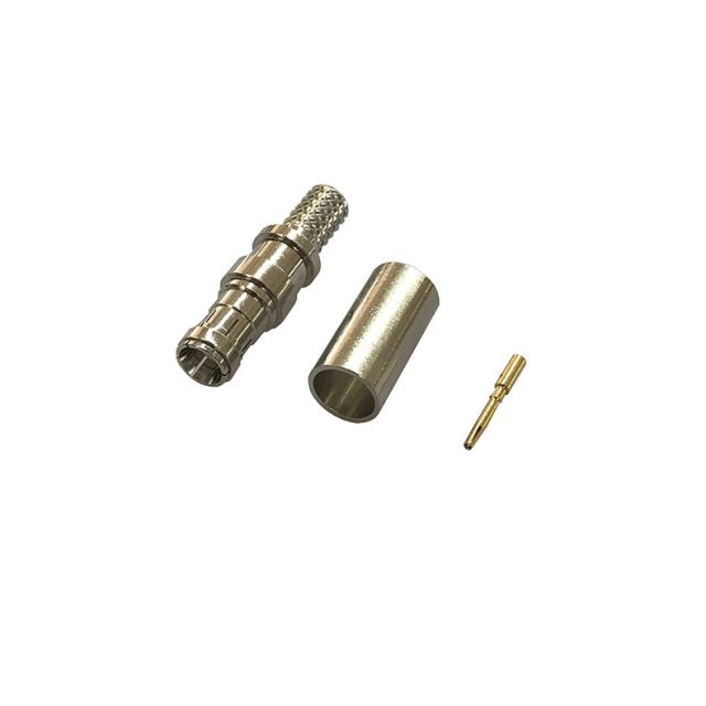 Three metal connector parts: silver body, sleeve, and gold pin.