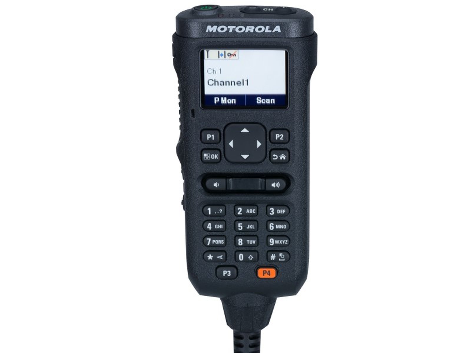 Radiotoestel met toetsenbord en scherm dat 'Channel1' toont.