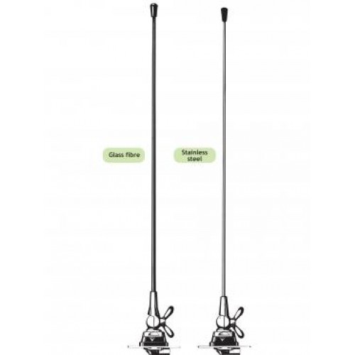 Twee antennes, een van glasvezel, een van roestvrij staal.