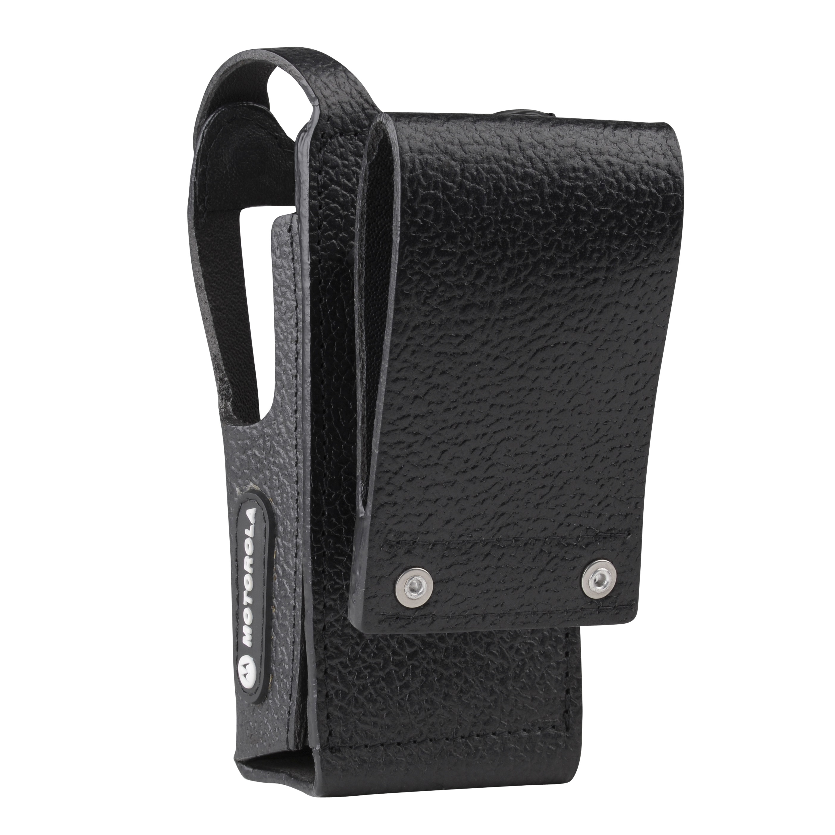 Zwart kunstleren hoesje voor handheldapparaat met riemclip en twee klinknagels.