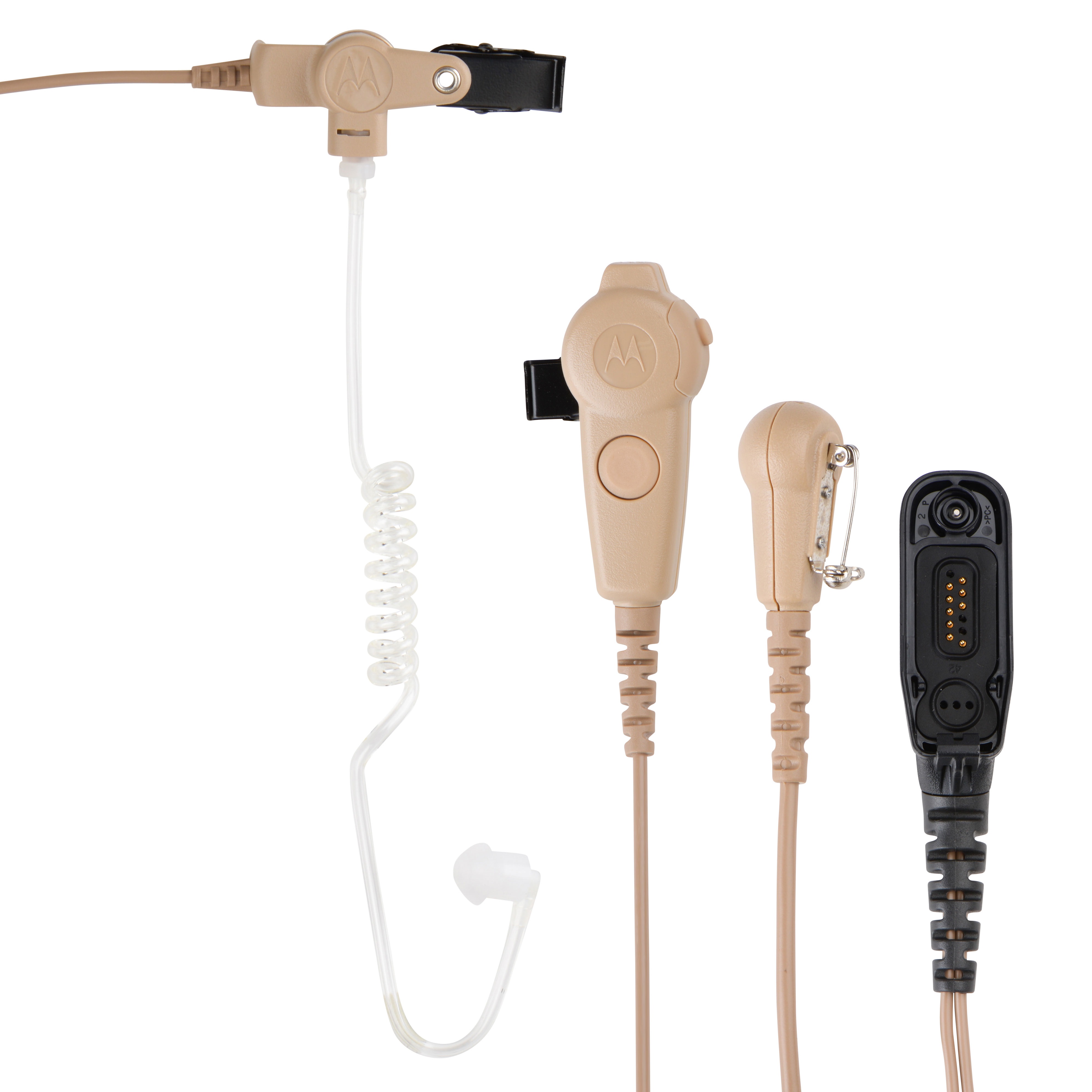 Beige coiled earpiece and microphone with black connector
