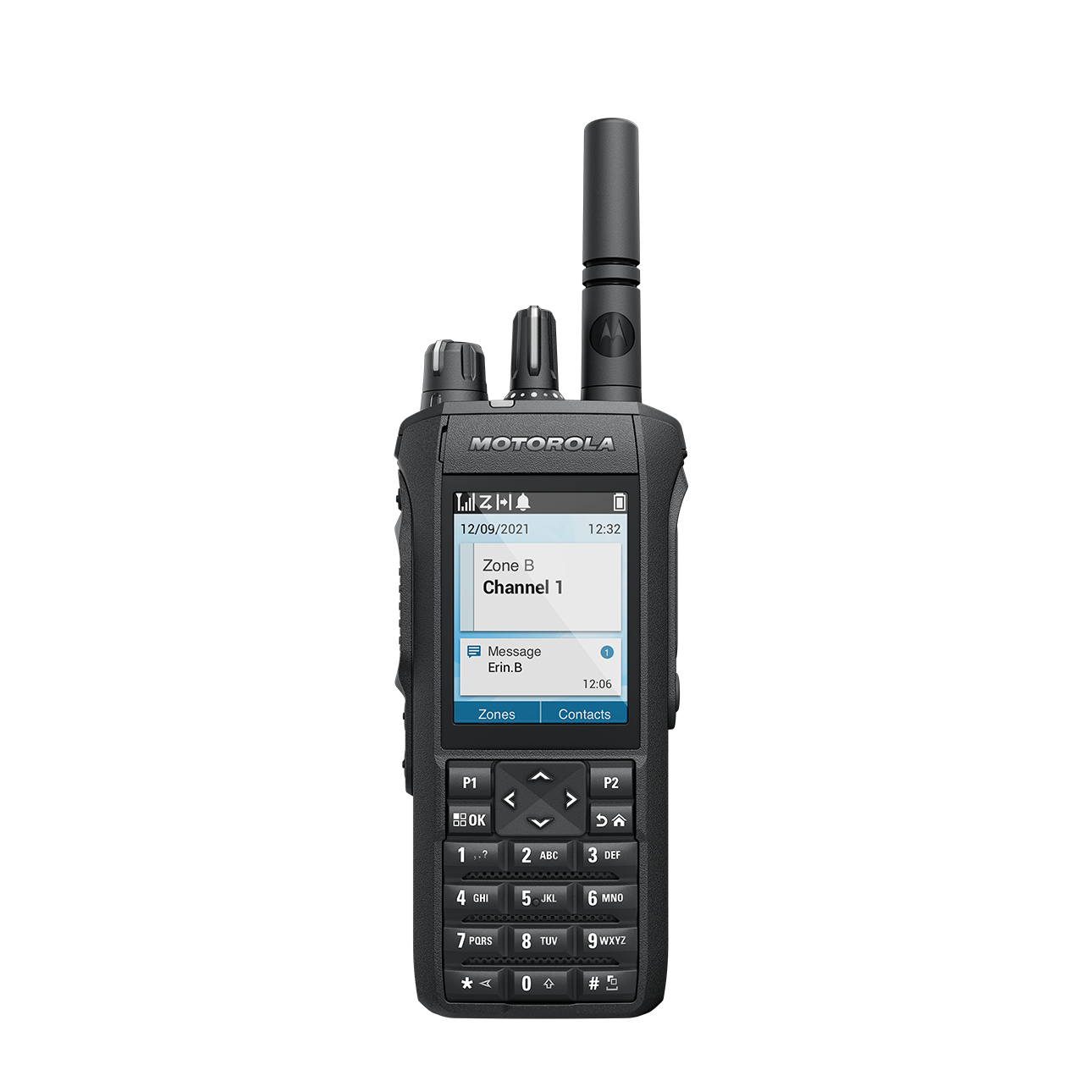 Radio with display, antenna, and buttons, shows Zone B, Channel 1.