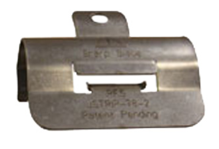 Metal clip for cables, rectangular shape with hole for attaching.