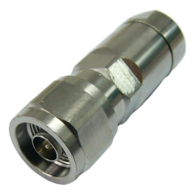 Metalen connector, cilindrisch, met schroefdraad en uitstekende middenpen.