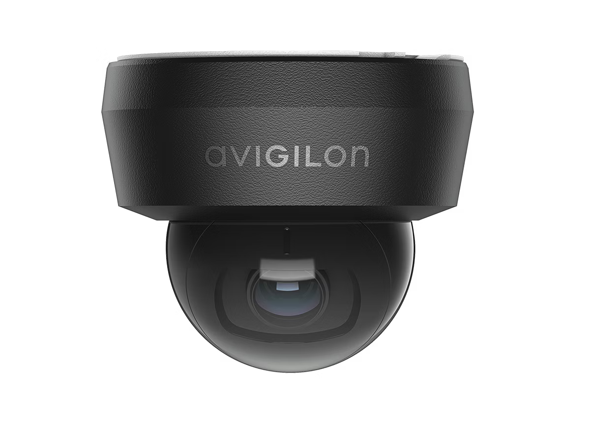 Black dome-shaped surveillance camera with transparent housing.