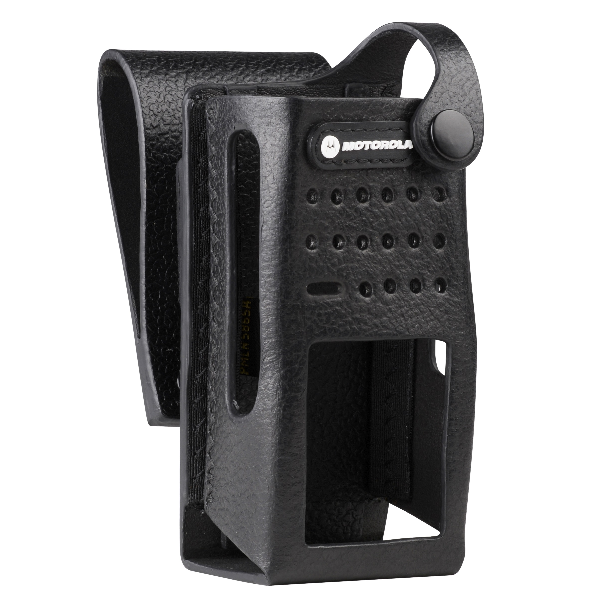 Étui noir pour appareil avec trous et clip de fixation.