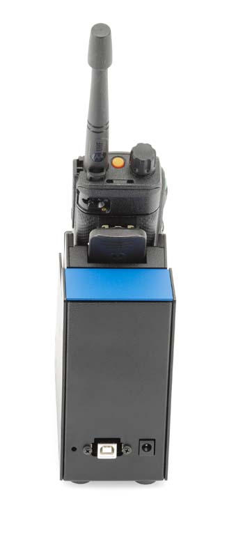 Radio with antenna and blue cover on black housing.