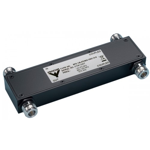 7000-00578700_pro_01.jpg Metalen RF-versterker met vier aansluitingen, productinformatie bovenop.