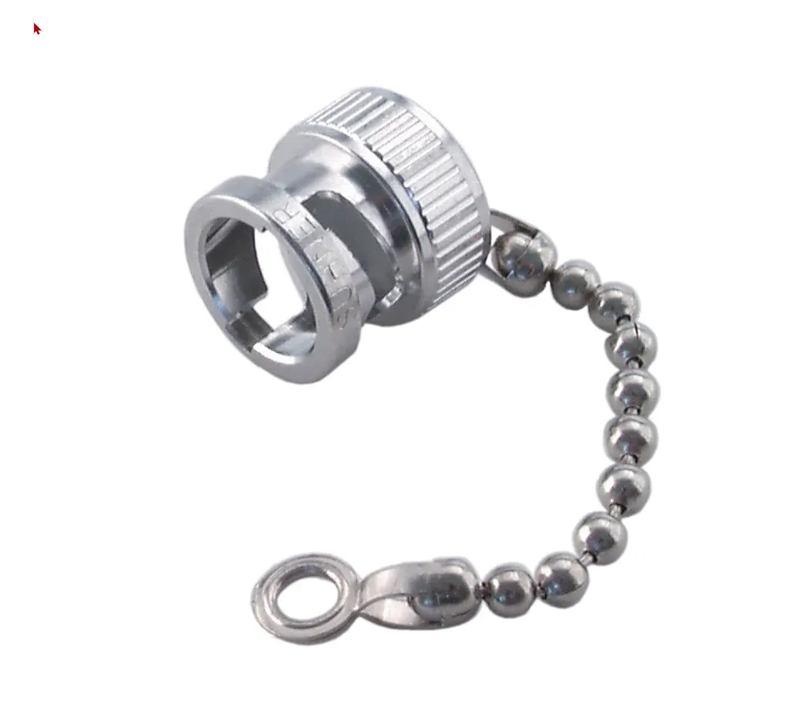 Metal keychain with bead chain and screw cap.