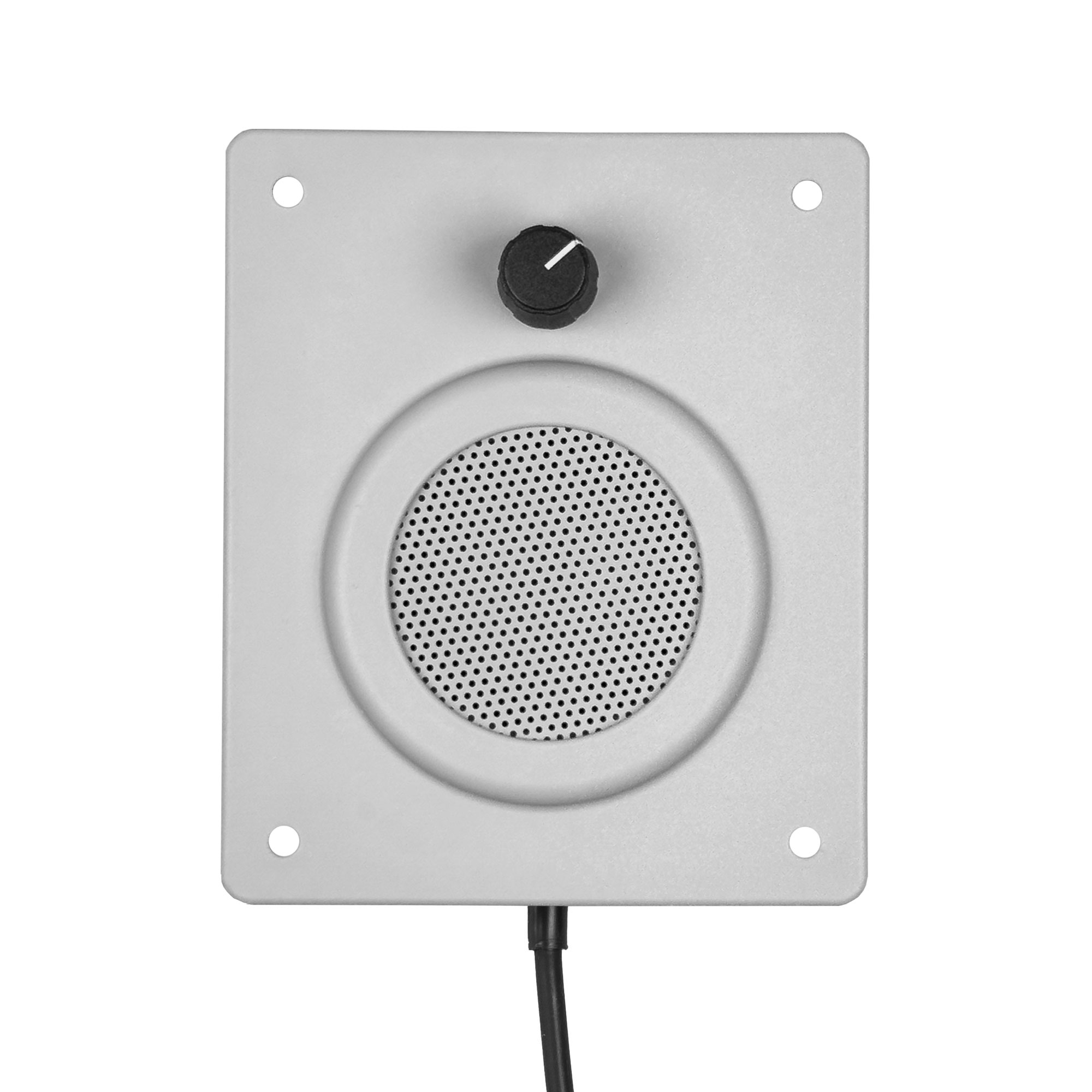 Haut-parleur avec bouton de réglage en haut, connecté par un câble.