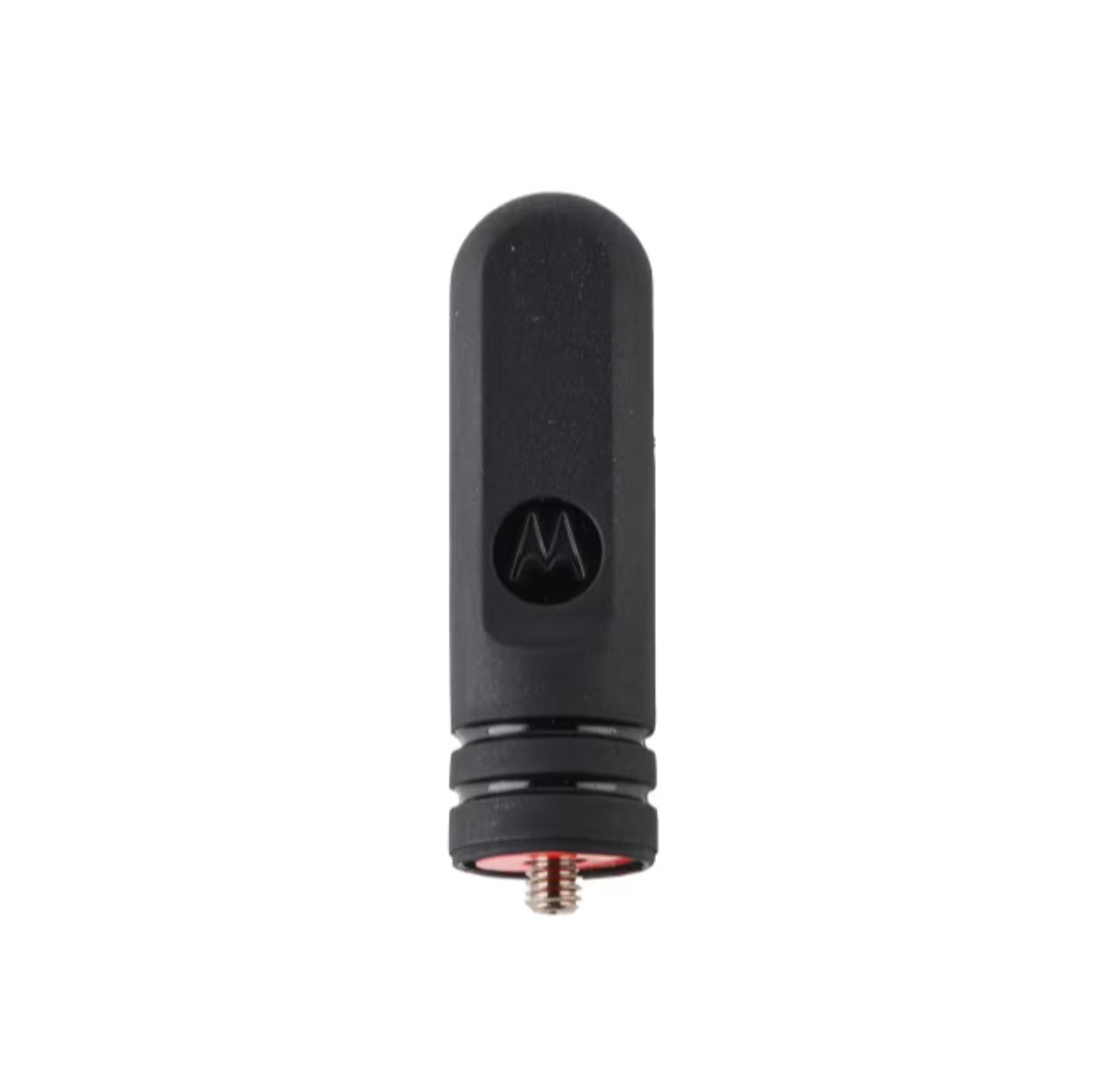 Black antenna with threaded connector at bottom and logo in the center.