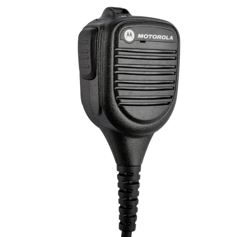Zwart handmicrofoon met kabel en luidsprekergroeven.