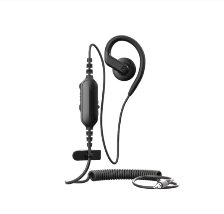 Black over-ear hook headphone with cable and microphone.