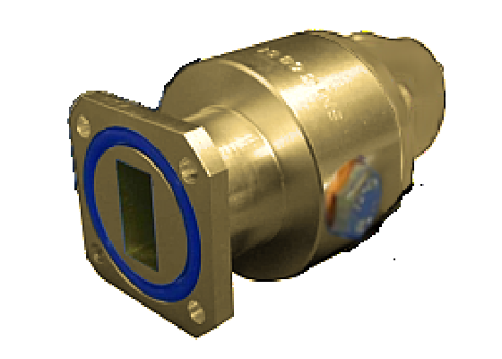 Metallic sensor with rectangular connector, blue-rimmed.