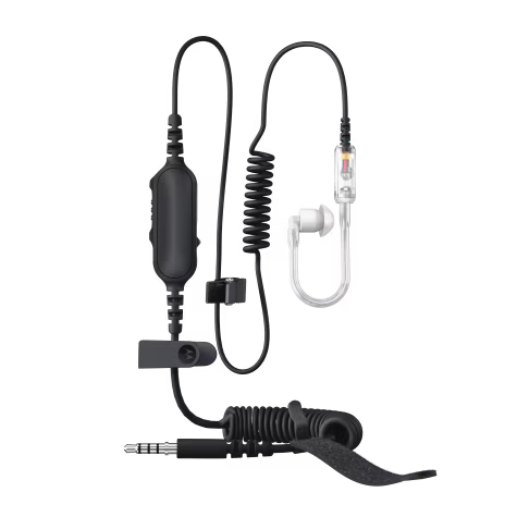 In-ear hoofdtelefoon met microfoon, kabels en draaginstrument.