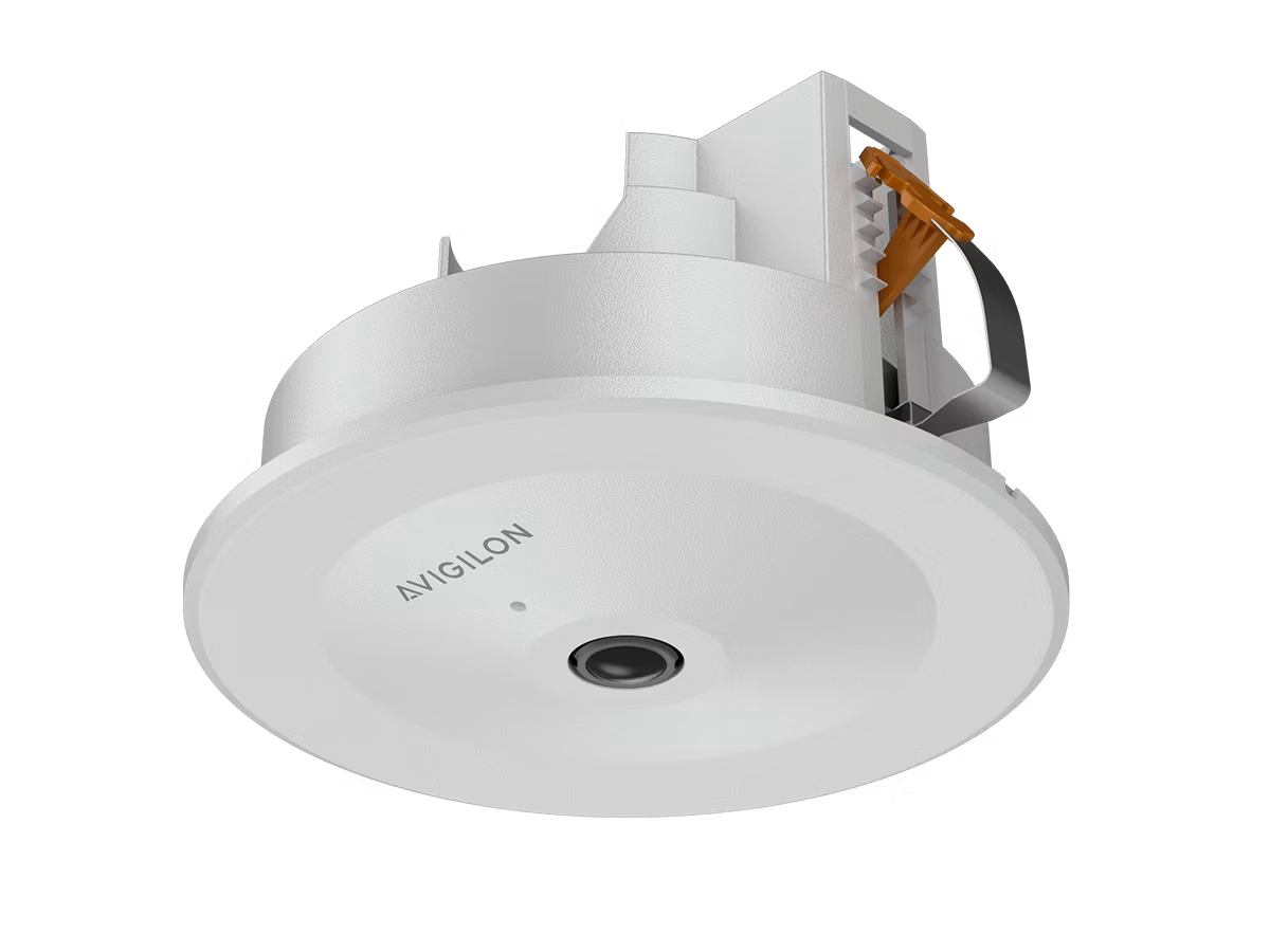 Round surveillance camera with mounting clips, white, viewed from below.
