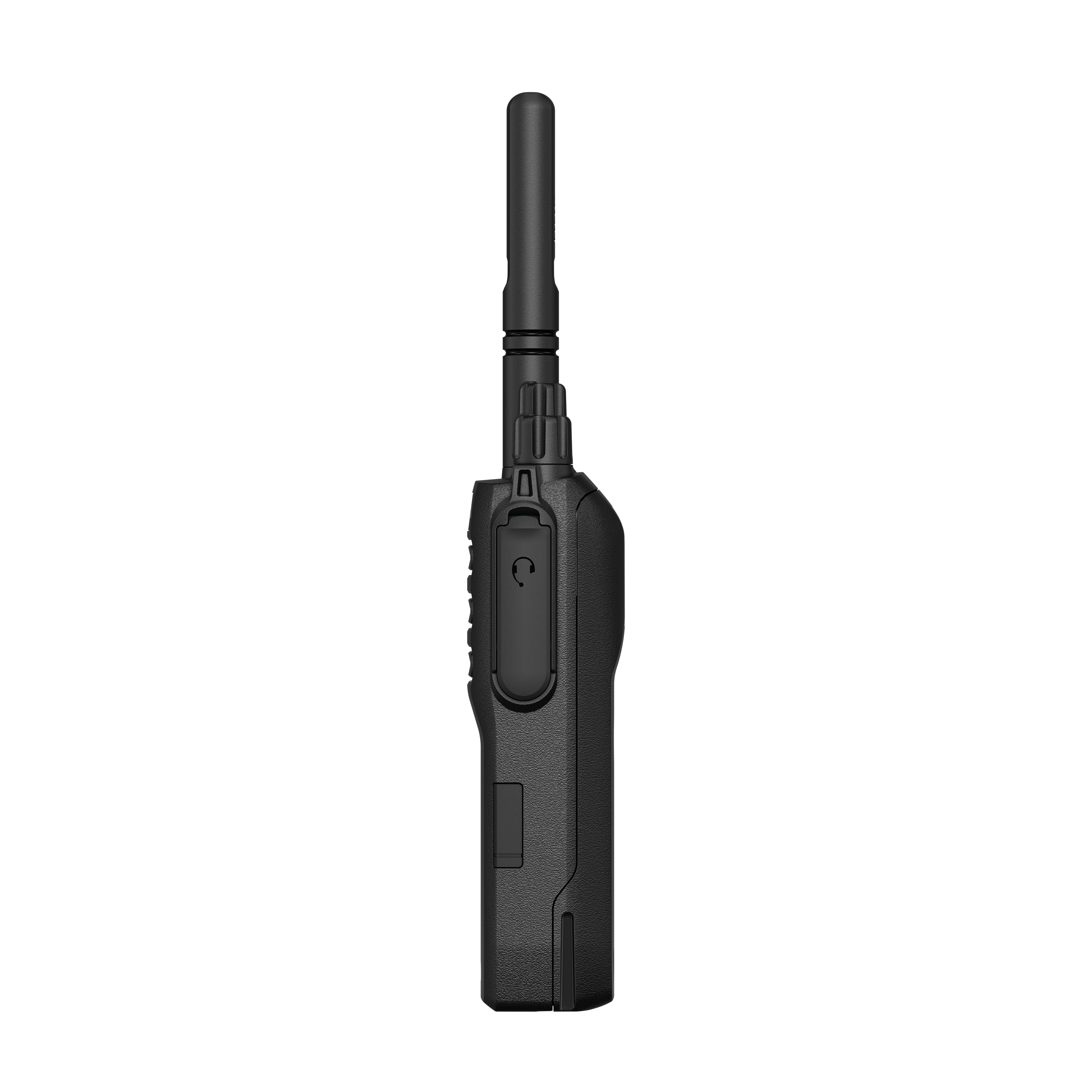 Side view of a black walkie-talkie with antenna.