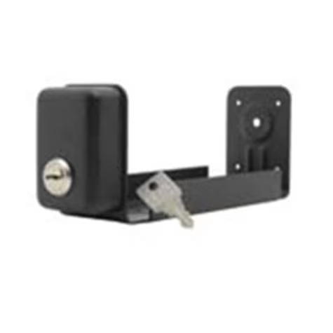 Black box lock with key on a bracket.